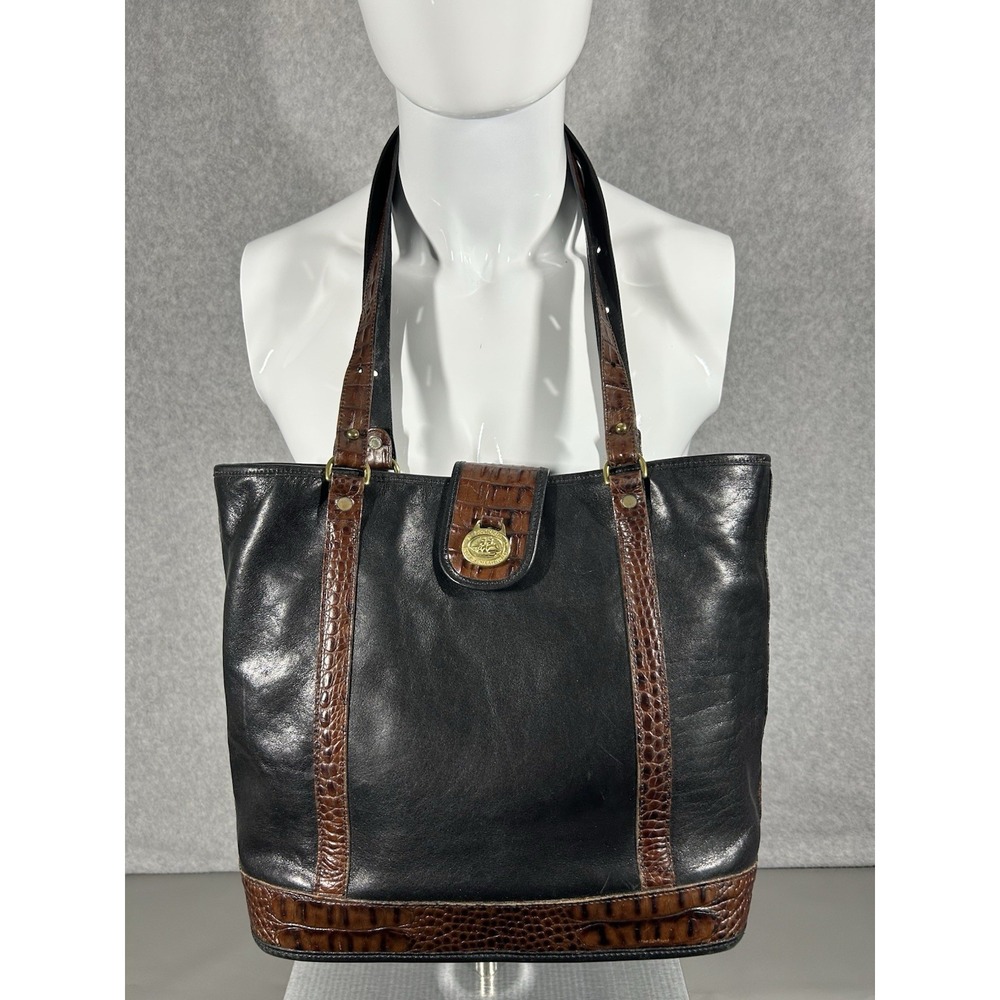 VTG Brahmin BLACK GENUINE LEATHER BROWN CROCO TRIM SHOULDER BAG HANDBAG PURSE